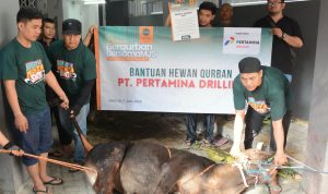 Penyerahan dan penyembelihan hewan kurban sumbangan Pertamina Drilling di Masjid Jami' Al-Ijtihad dan Masjid Jenderal Sudirman, Setiabudi, Jakarta Selatan